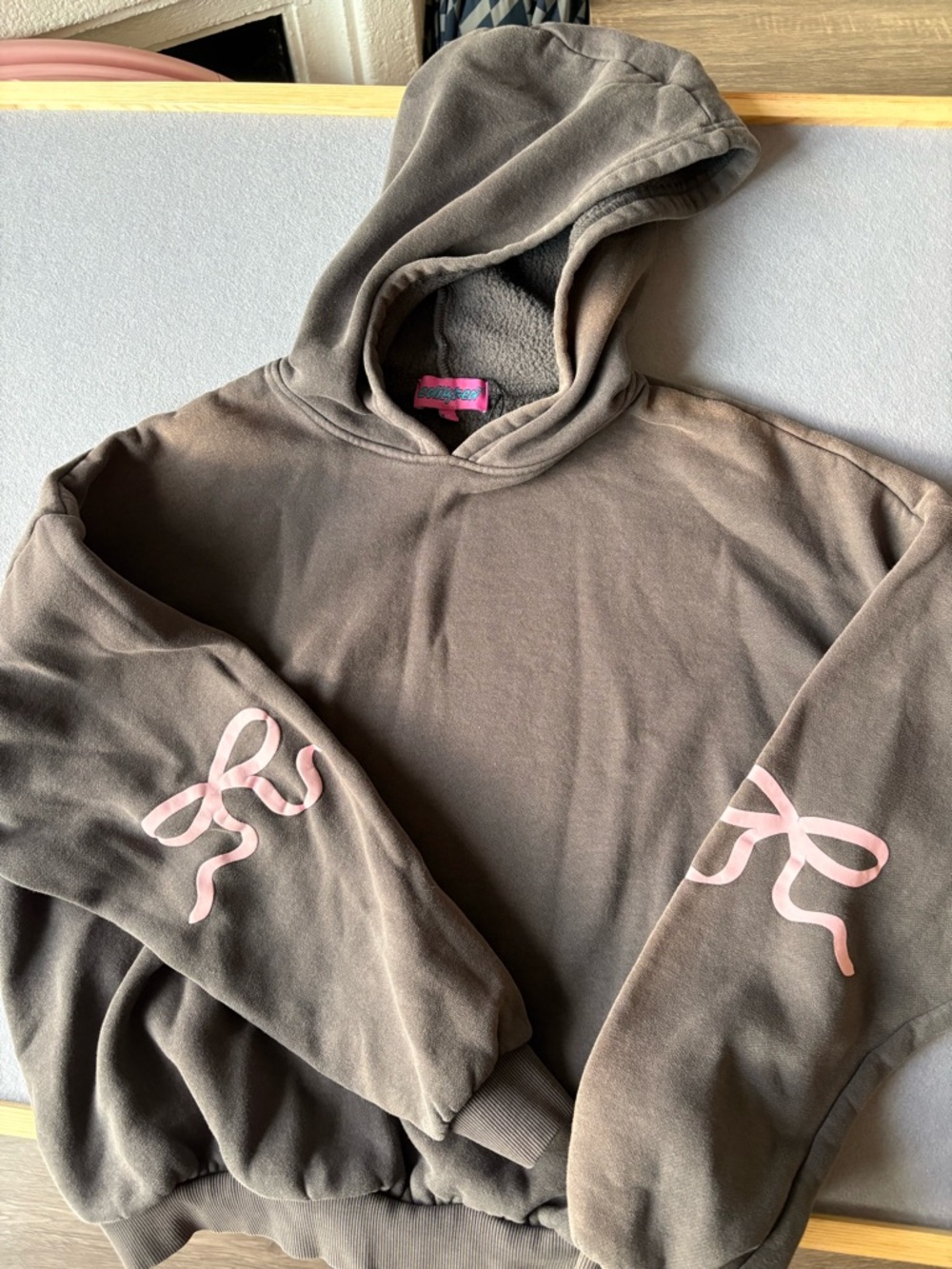 Edikted Kids Hoodie with Pink Brand Tag and Teal Logo on Gray Fabric